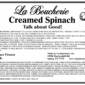 Label for La Boucherie 2 lb Creamed Spinach, showing cooking instructions, ingredients, and a drawing of a man.