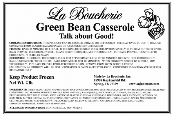 la boucherie green bean casserole label Product label for a 2 lb La Boucherie green bean casserole, showing cooking instructions, ingredients, and allergens.