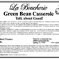 Product label for a 2 lb La Boucherie green bean casserole, showing cooking instructions, ingredients, and allergens.