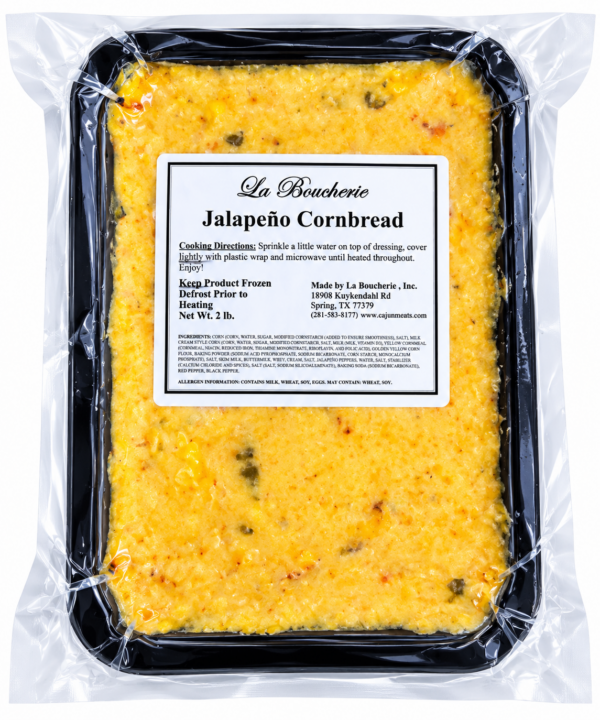 la boucherie jalapeno cornbread front A 2 lb container of La Boucherie Jalapeno Cornbread, wrapped in plastic with a product label.