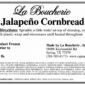Product label for La Boucherie 2 lb Jalapeno Cornbread, showing cooking instructions, ingredients, and contact info.