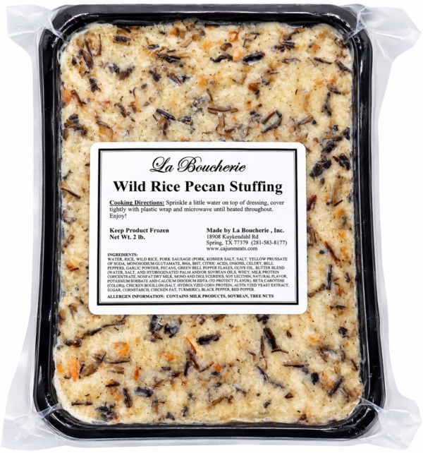A 2 lb container of La Boucherie Wild Rice Pecan side dish in plastic wrap, showing a label with cooking instructions.