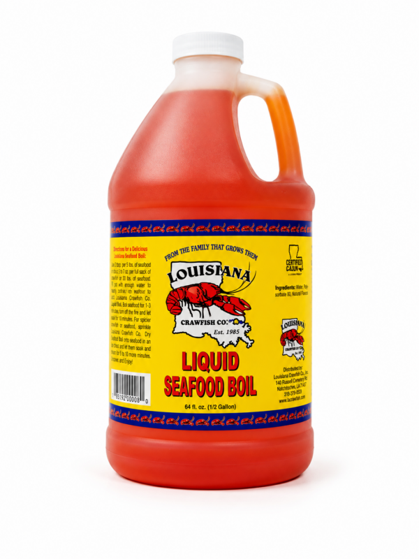 A gallon jug of LA Crawfish Co. Seafood Boil liquid, featuring a yellow label with a crawfish illustration.