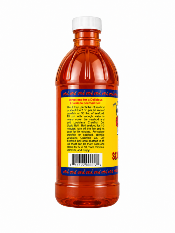 liquid 16 back 16-ounce plastic bottle of LA Crawfish Co. Liquid Boil, featuring a label with cooking instructions and a barcode.