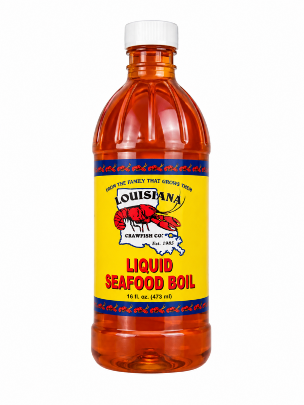 A 16oz clear plastic bottle of LA Crawfish Co. Liquid Boil with a yellow label featuring a crawfish.