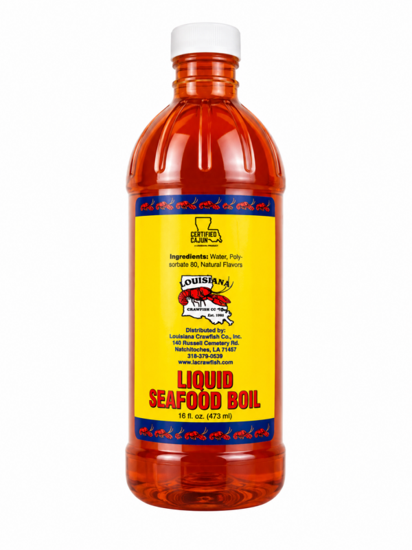 liquid 16 side 16oz bottle of LA Crawfish Co. Liquid Boil, featuring amber liquid and a yellow label with crawfish graphics.