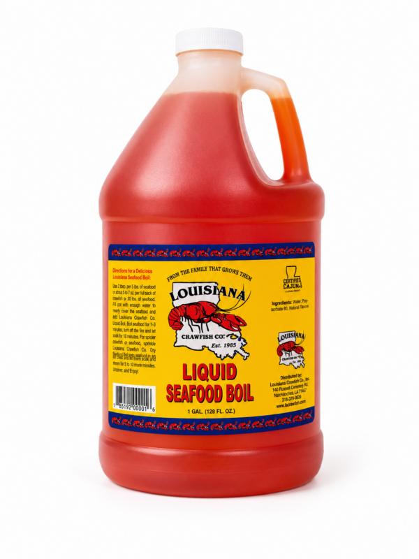 A gallon jug of LA Crawfish Co. Seafood Boil, featuring an orange liquid and a yellow label with a crawfish design.