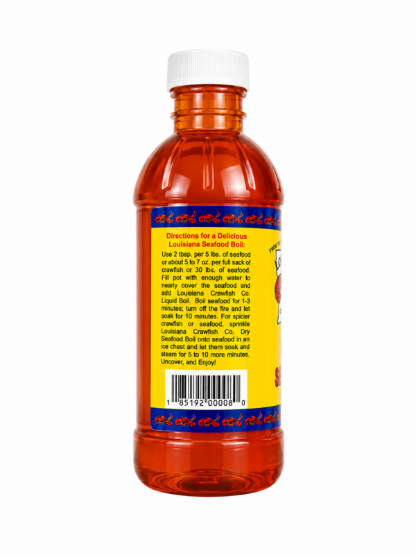 liquid 8 back A 16oz bottle of LA Crawfish Co. Liquid Boil, featuring printed cooking instructions and a barcode.
