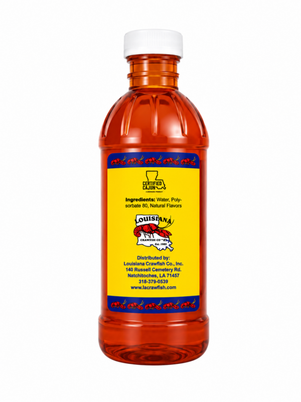 liquid 8 side A 16oz bottle of LA Crawfish Co. Liquid Boil featuring a yellow label with ingredients and contact details.