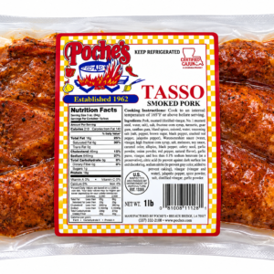 A 1 lb vacuum-sealed package of Poche’s seasoned, smoked tasso pork with a central nutrition label.