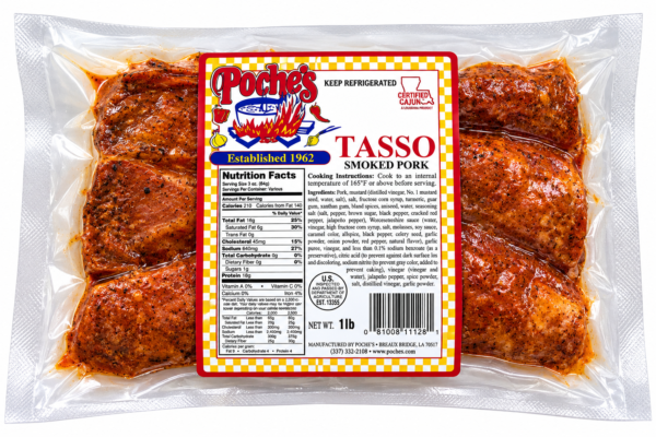 A 1 lb vacuum-sealed package of Poche’s seasoned, smoked tasso pork with a central nutrition label.