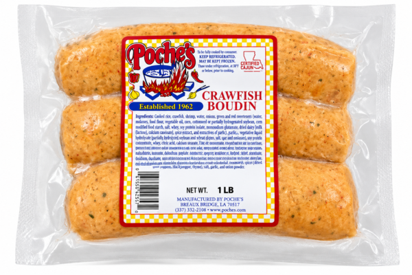 Three links of Poche’s Crawfish Boudin inside a clear plastic package featuring a central label.