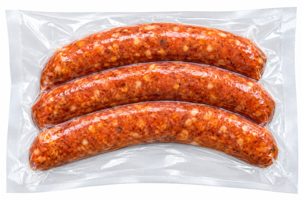 poche smoked alligator sausage back Three raw, seasoned Poche’s Smoked Alligator & Pork sausages in clear vacuum-sealed plastic packaging.