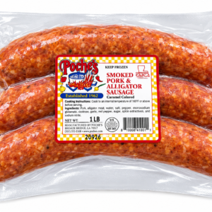 Three links of Poche’s Smoked Alligator and Pork Sausage in a vacuum-sealed plastic package.