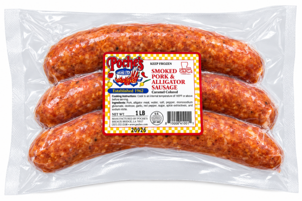 Three links of Poche’s Smoked Alligator and Pork Sausage in a vacuum-sealed plastic package.