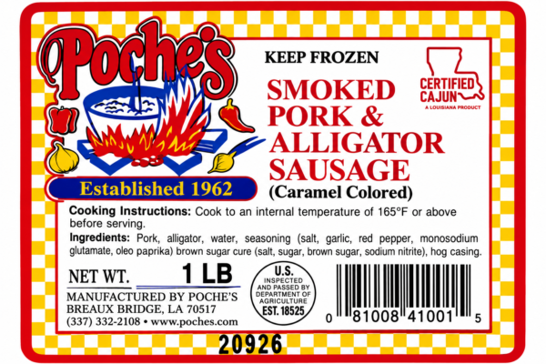 poche smoked alligator sausage label Product label for Poche’s Smoked Alligator & Pork Sausage showing cooking instructions, ingredients, and a barcode.