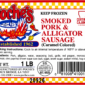 Product label for Poche’s Smoked Alligator & Pork Sausage showing cooking instructions, ingredients, and a barcode.