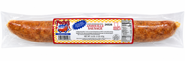 A link of Poche’s Smoked Andouille sausage in clear plastic packaging featuring a nutrition label.