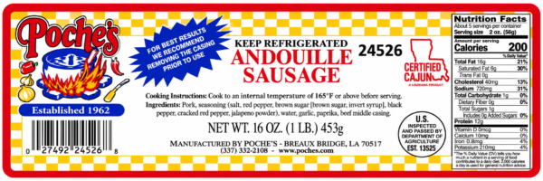 poches andouille label Poche’s Smoked Andouille label showing nutrition, ingredients, and instructions on a yellow checkered background.