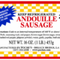 Poche’s Smoked Andouille label showing nutrition, ingredients, and instructions on a yellow checkered background.