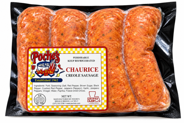 Four vacuum-sealed links of seasoned Poche’s Fresh Chaurice sausage in a labeled plastic package.