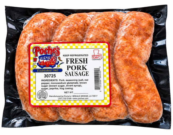 Four links of Poche’s Fresh Pork Sausage in a vacuum-sealed package with a yellow and white checkered label.