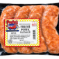 Four links of Poche’s Fresh Pork Sausage in a vacuum-sealed package with a yellow and white checkered label.