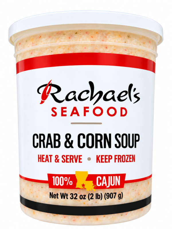 A 32-ounce plastic tub of Rachael’s Crab and Corn Soup featuring a white lid.