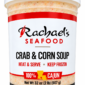 A 32-ounce plastic tub of Rachael’s Crab and Corn Soup featuring a white lid.