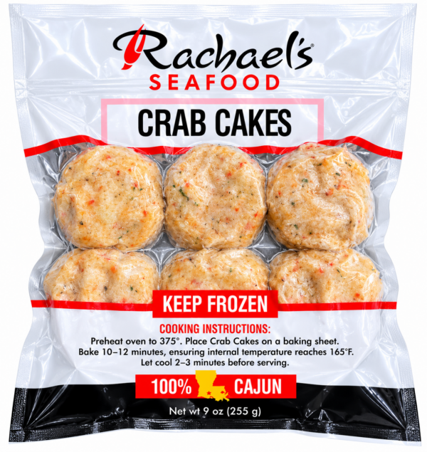 Six Rachael’s Crab Cakes in vacuum-sealed packaging, featuring Cajun labeling and cooking instructions.