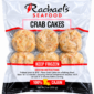 Six Rachael’s Crab Cakes in vacuum-sealed packaging, featuring Cajun labeling and cooking instructions.