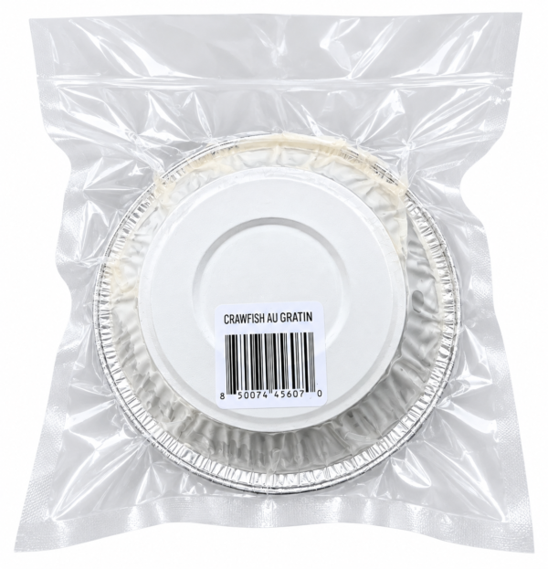 rachaels crawfish au gratin back An 8oz circular aluminum container of Rachael’s Crawfish Au Gratin, sealed in a clear bag with a label and barcode.