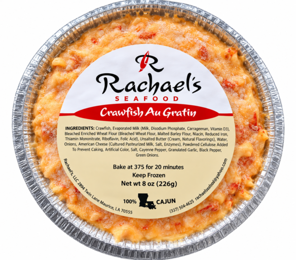 An 8oz round container of Rachael’s Crawfish Au Gratin with a center label showing ingredients and instructions.