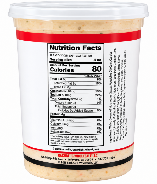 rachaels crawfish etouffee nutrition A plastic tub of Rachael’s Crawfish Etouffee featuring nutrition facts, an ingredient list, and contact details.