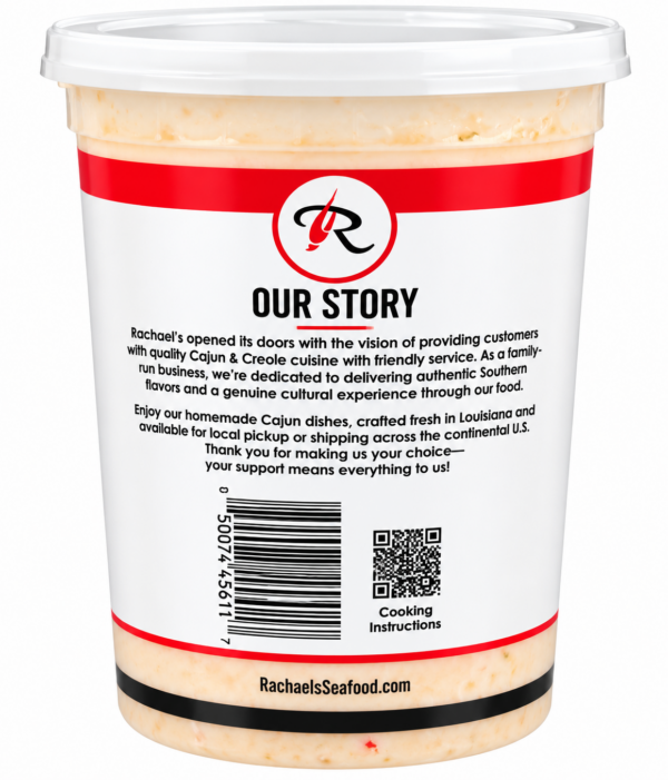 rachaels crawfish etouffee side Rachael’s Crawfish Etouffee in a plastic container with a label showing the company story, barcode, QR code, and URL.