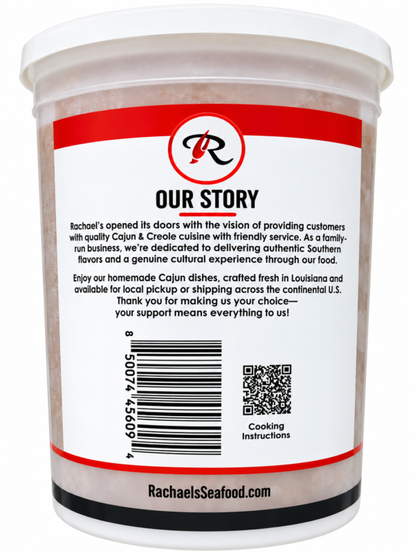 rachaels seafood gumbo back Back label of a Rachael’s Seafood Gumbo container, featuring the brand story, barcode, QR code, and website address.
