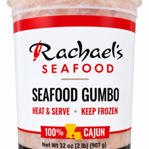 A 32-ounce plastic container of Rachael’s Seafood Gumbo, featuring a white lid and red accents.