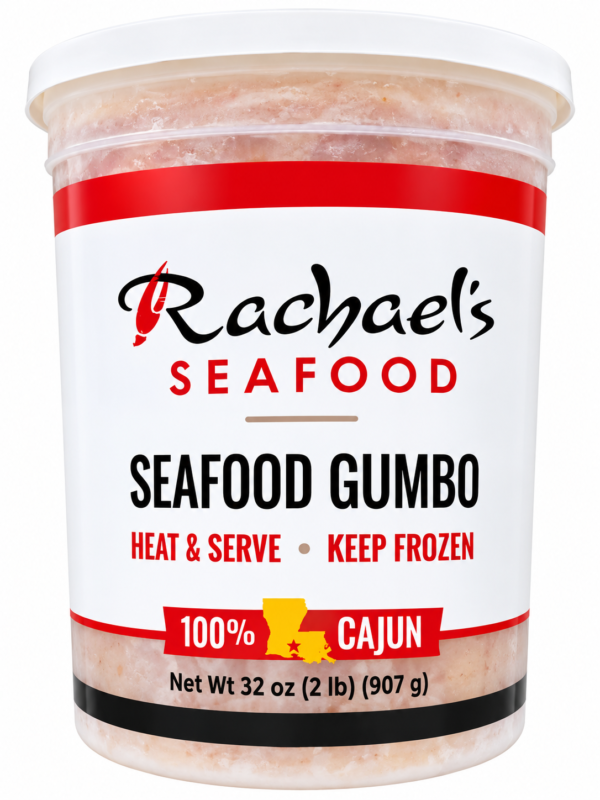 A 32-ounce plastic container of Rachael’s Seafood Gumbo, featuring a white lid and red accents.