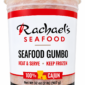 A 32-ounce plastic container of Rachael’s Seafood Gumbo, featuring a white lid and red accents.