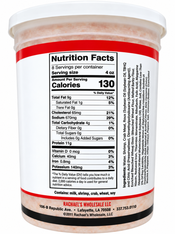 rachaels seafood gumbo nutrition Nutrition facts label on a tub of Rachael’s Seafood Gumbo displaying ingredients and serving information.