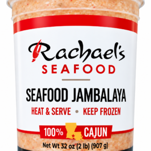 A plastic container of Rachael’s Seafood Jambalaya labeled “Heat & Serve,” “Keep Frozen,” and “100% Cajun.”