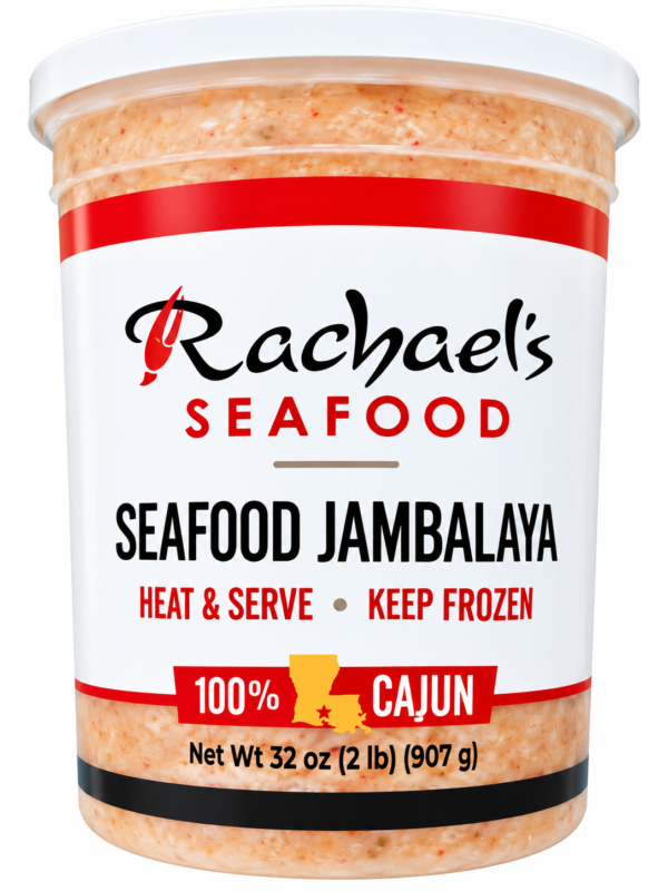 A plastic container of Rachael’s Seafood Jambalaya labeled “Heat & Serve,” “Keep Frozen,” and “100% Cajun.”