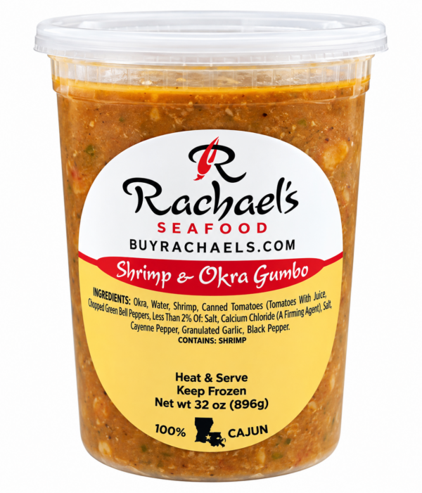rachaels shrimp and okra gumbo front Clear plastic container of Rachael’s Shrimp and Okra Gumbo with a white and yellow label showing details.