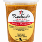 Clear plastic container of Rachael’s Shrimp and Okra Gumbo with a white and yellow label showing details.