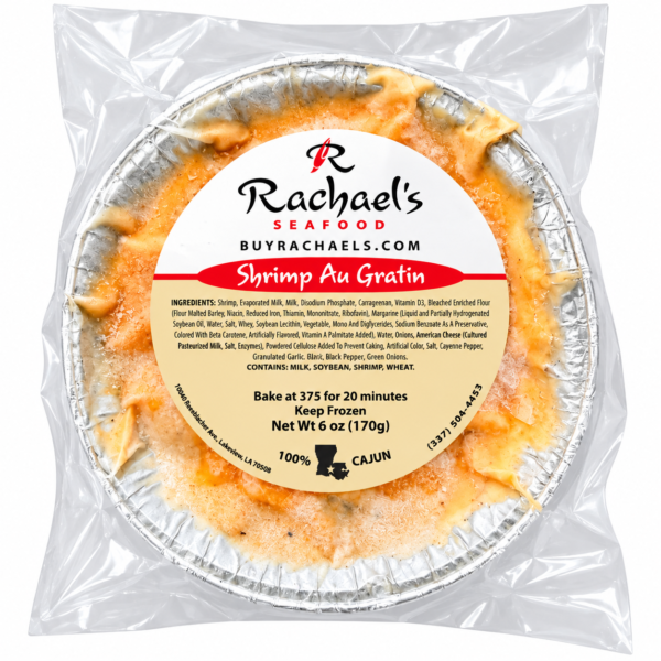 An 8oz serving of Rachael’s Shrimp Au Gratin packaged in a round foil tray inside a clear plastic container.