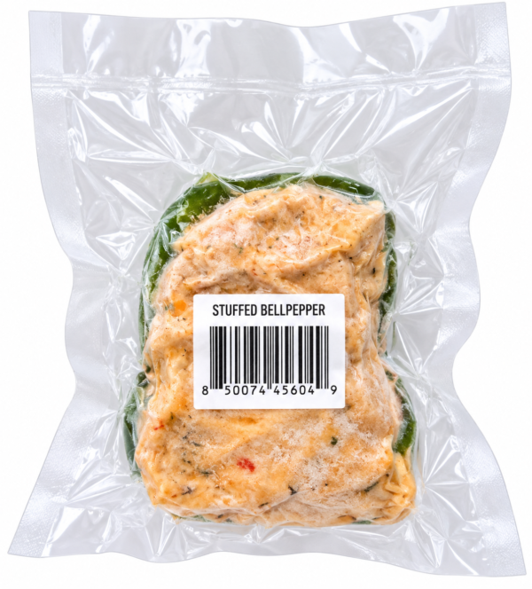 rachaels stuffed bell pepper back A Rachael’s Stuffed Bell Pepper in a vacuum-sealed bag with a labeled, barcoded product package.