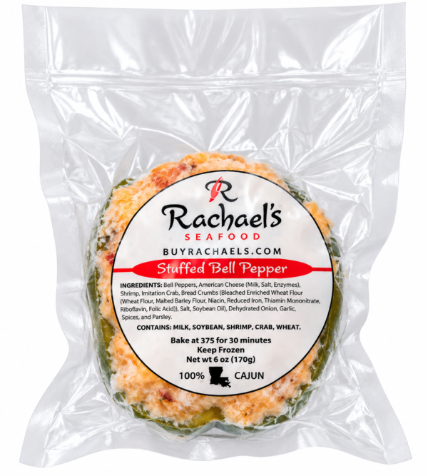 Rachael’s Stuffed Bell Pepper in a sealed plastic bag with a label showing ingredients, instructions, and allergens.