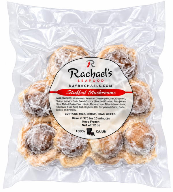 A vacuum-sealed package containing six frozen Rachael’s Stuffed Mushrooms with a product label.