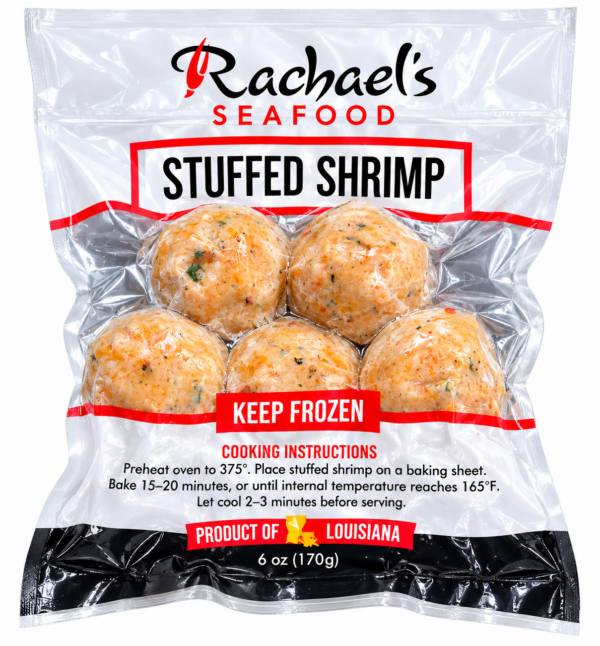 A vacuum-sealed bag of eight Rachael’s Stuffed Shrimp, featuring printed cooking instructions and weight.