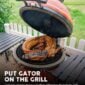 A whole skinned Louisiana alligator cooking on a large outdoor ceramic charcoal grill.
